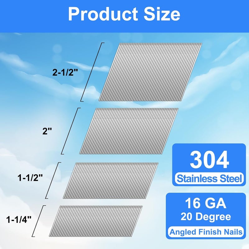 SimCos 16 Gauge Angled Finish Nails 304 Stainless Steel, (1-1/4", 1-1/2", 2", 2-1/2"), 20-Degree,Assorted Size Project Pack for Pneumatic, Electric Finish Nailer or Nail Gun (Assembly 1800) - Image 3